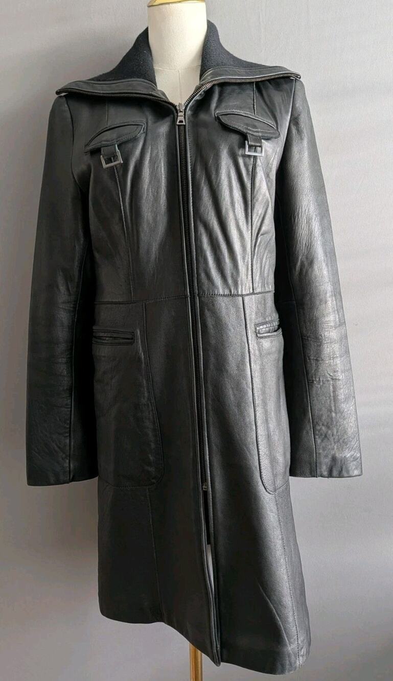 Jones New York Black Genuine Leather Long Moto Coat Jacket Size S Y2K 90s